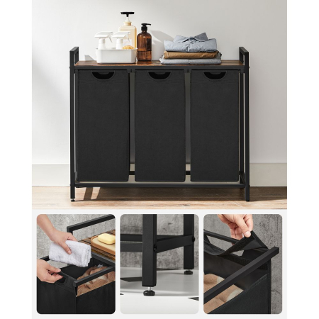 Cos de rufe, 3 compartimente, saci de rufe detasabili, raft, cadru metalic, 3x38L, 93x33x72 cm, maro vintage si negru [5]