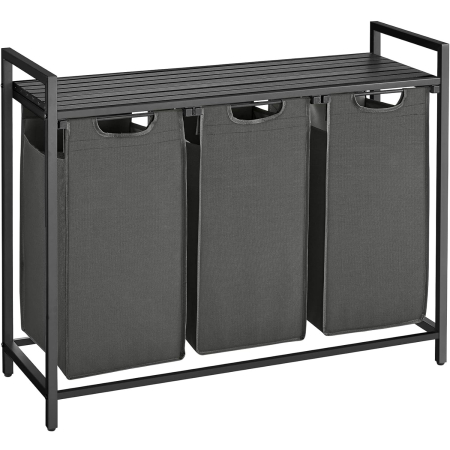 Decoratiuni si articole casa - VASAGLE Cos de rufe, 3 compartimente, saci de rufe detasabili, raft, cadru metalic, 3x38L, 93x33x72 cm, negru