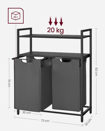 VASAGLE Cos de rufe, cu 2 saci detasabili, 2 rafturi, capacitate de 46L per sac, 73x33x92cm , negru si gri [6]