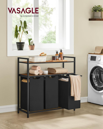 Cos de rufe cu 3 saci detasabili, 3x40 litri, 2 rafturi, structura metalica, stil industrial, 92x33x92 cm, maro rustic [2]