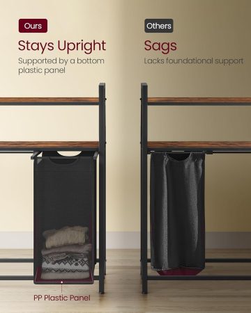 Cos de rufe cu 3 saci detasabili, 3x40 litri, 2 rafturi, structura metalica, stil industrial, 92x33x92 cm, maro rustic [4]