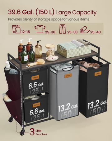 Cos de rufe cu 4 compartimente 2x25 L si 2x50 L, mobil cu roti, saci detasabili, 99x33x81 cm, maro si negru [5]
