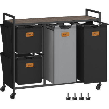 Accesorii baie - Cos de rufe cu 4 compartimente 2x25 L si 2x50 L, mobil cu roti, saci detasabili, 99x33x81 cm, maro si negru