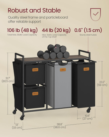 Cos de rufe cu 4 compartimente 2x25 L si 2x50 L, mobil cu roti, saci detasabili, 99x33x81 cm, maro si negru [6]