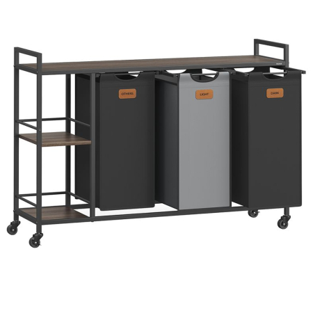 Cosuri de rufe - Cos de rufe cu rafturi si roti, 3 compartimente cu saci de rufe detasabili, 3x50 litri, 117x33x81 cm, maro si negru