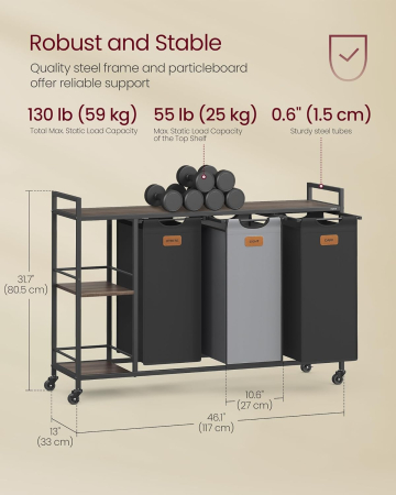 Cos de rufe cu rafturi si roti, 3 compartimente cu saci de rufe detasabili, 3x50 litri, 117x33x81 cm, maro si negru [2]