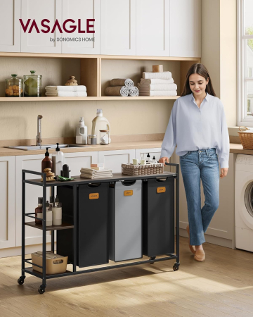 Cos de rufe cu rafturi si roti, 3 compartimente cu saci de rufe detasabili, 3x50 litri, 117x33x81 cm, maro si negru [5]