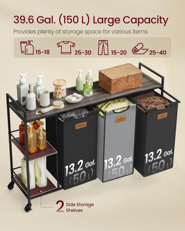 Cos de rufe cu rafturi si roti, 3 compartimente cu saci de rufe detasabili, 3x50 litri, 117x33x81 cm, maro si negru [1]