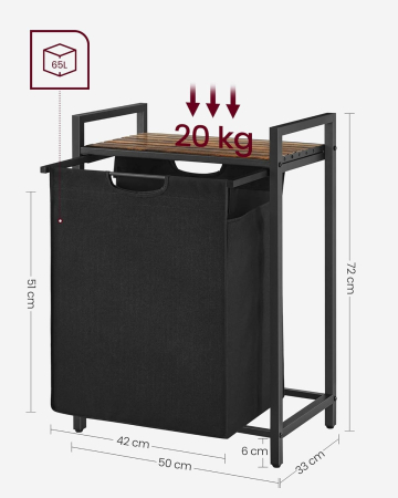 VASAGLE Cos de rufe, sac de rufe detasabil, raft, cadru metalic, 65L, 50x33x72 cm, maro rustic si negru [5]