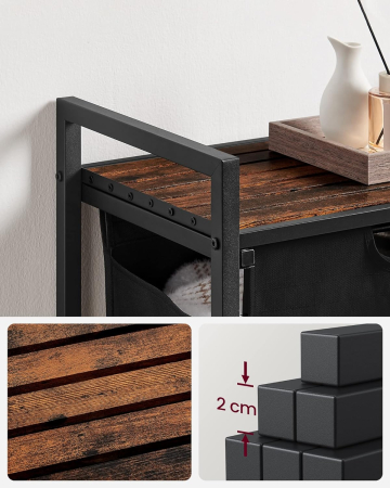 VASAGLE Cos de rufe, sac de rufe detasabil, raft, cadru metalic, 65L, 50x33x72 cm, maro rustic si negru [4]