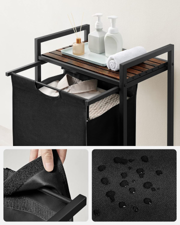 VASAGLE Cos de rufe, sac de rufe detasabil, raft, cadru metalic, 65L, 50x33x72 cm, maro rustic si negru [3]