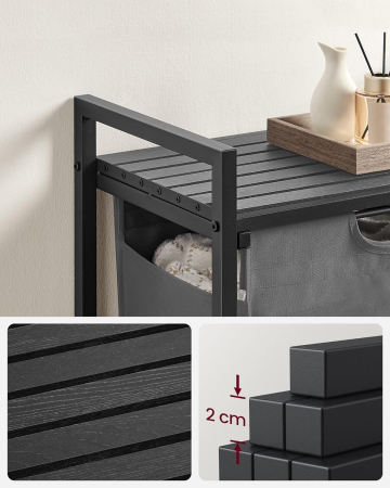 VASAGLE Cos de rufe, sac de rufe detasabil, raft, cadru metalic, 65L, 50x33x72 cm, negru si gri [4]