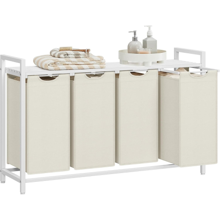 Baie - Cos rufe 4x40L, saci detasabili, raft superior si cadru metalic, 116x33x72 cm, alb si crem