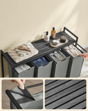 VASAGLE Cos rufe 4x40L, saci detasabili, raft superior si cadru metalic, 116x33x72 cm, negru si gri [4]