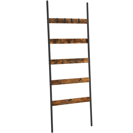 Mobila baie - VASAGLE Cuier baie tip scara inclinata, cadru din otel cu 5 nivele, agatatori detasabile, 65x178cm, maro rustic si negru