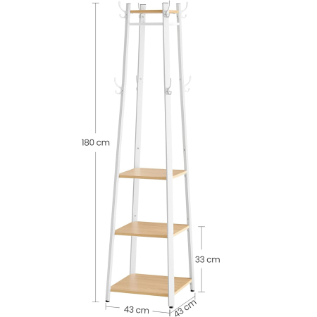 Cuier cu 8 carlige duble, 4 rafturi si bara pentru umerase, cadru metalic, stil industrial, 43x43x180 cm, stejar si alb [1]