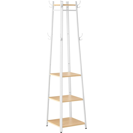 Living & hol - Cuier cu 8 carlige duble, 4 rafturi si bara pentru umerase, cadru metalic, stil industrial, 43x43x180 cm, stejar si alb