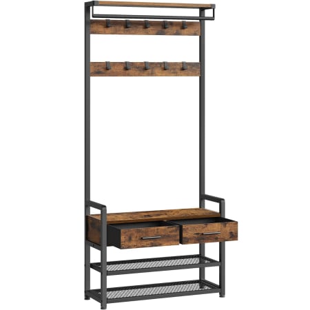 Mobila hol - Cuier cu polite de depozitare pantofi si 2 sertare, cadru din otel, stil industrial, 30x80x182cm, maro rustic