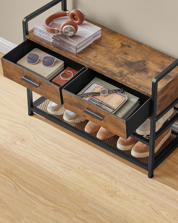 Cuier cu polite de depozitare pantofi si 2 sertare, cadru din otel, stil industrial, 30x80x182cm, maro rustic [4]