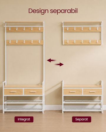 Cuier cu polite de depozitare pantofi si 2 sertare, cadru din otel, stil industrial, 30x80x182cm, stejar auriu si alb [2]