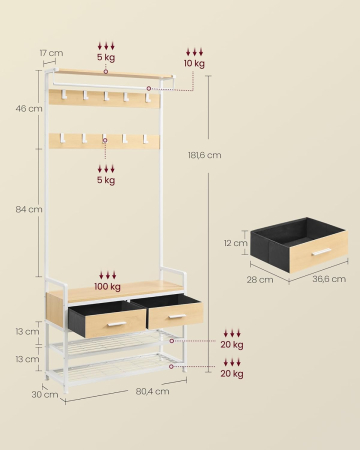 Cuier cu polite de depozitare pantofi si 2 sertare, cadru din otel, stil industrial, 30x80x182cm, stejar auriu si alb [1]
