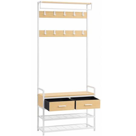 Mobila hol - Cuier cu polite de depozitare pantofi si 2 sertare, cadru din otel, stil industrial, 30x80x182cm, stejar auriu si alb