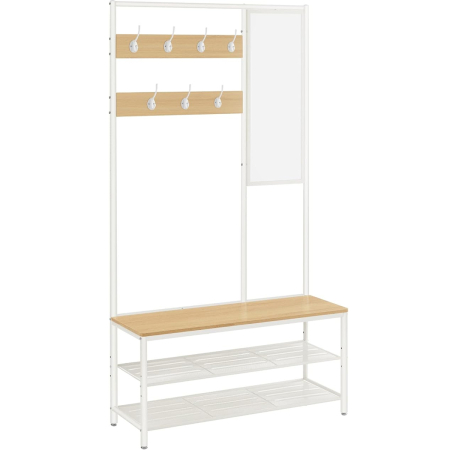 Mobila hol - Cuier cu rafturi depozitare pantofi si â€‹â€‹oglinda, industrial, 35x98x180 cm, maro stejar si alb