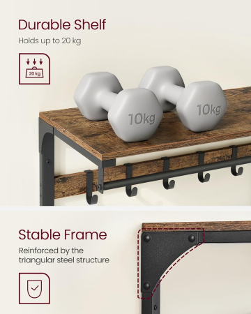 VASAGLE Cuier de perete cu raft de depozitare, 10 carlige, 30x80x42 cm, maro rustic [3]