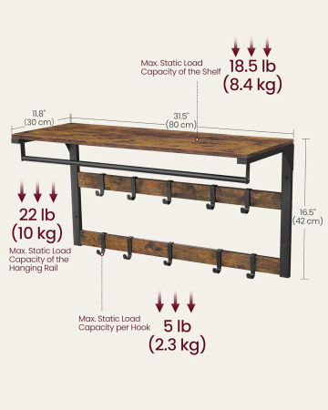 VASAGLE Cuier de perete cu raft de depozitare, 10 carlige, 30x80x42 cm, maro rustic [4]