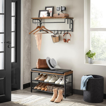 VASAGLE Cuier de perete cu raft de depozitare, 5 carlige, 30x80x27 cm, maro rustic [1]