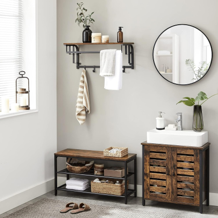 VASAGLE Cuier de perete cu raft de depozitare, 5 carlige detasabile, 30x66x27cm, maro rustic si negru [7]