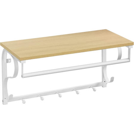 Mobila hol - Cuier de perete cu raft de depozitare si sina, 5 carlige, 30x60x32 cm, alb si stejar