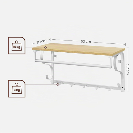 Cuier de perete cu raft de depozitare si sina, 5 carlige, 30x60x32 cm, alb si stejar [1]