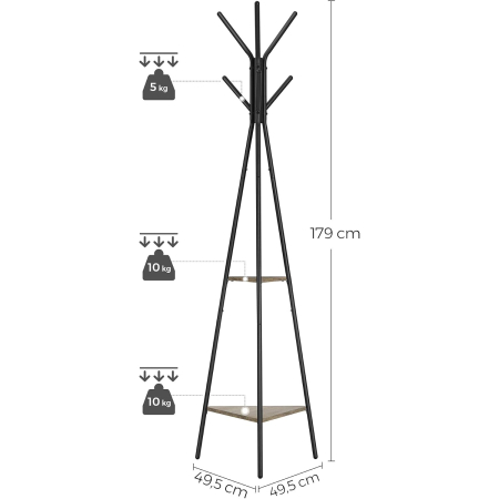 Cuier de podea cu carlige pentru haine, palarii si genti, 2 rafturi pentru depozitare, design industrial compact pentru hol si dressing, struc [7]
