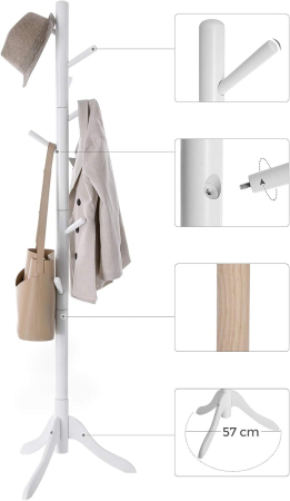 VASAGLE Cuier din lemn masiv, 8 carlige, ajustabil pe 3 inaltimi, design tip copac, 57x175 cm, alb [2]