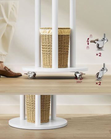 Cuier din lemn masiv, cu 11 agatatori si 3 rafturi, 4 roti detasabile rotative 360Â°, 40x40x175 cm, alb [6]