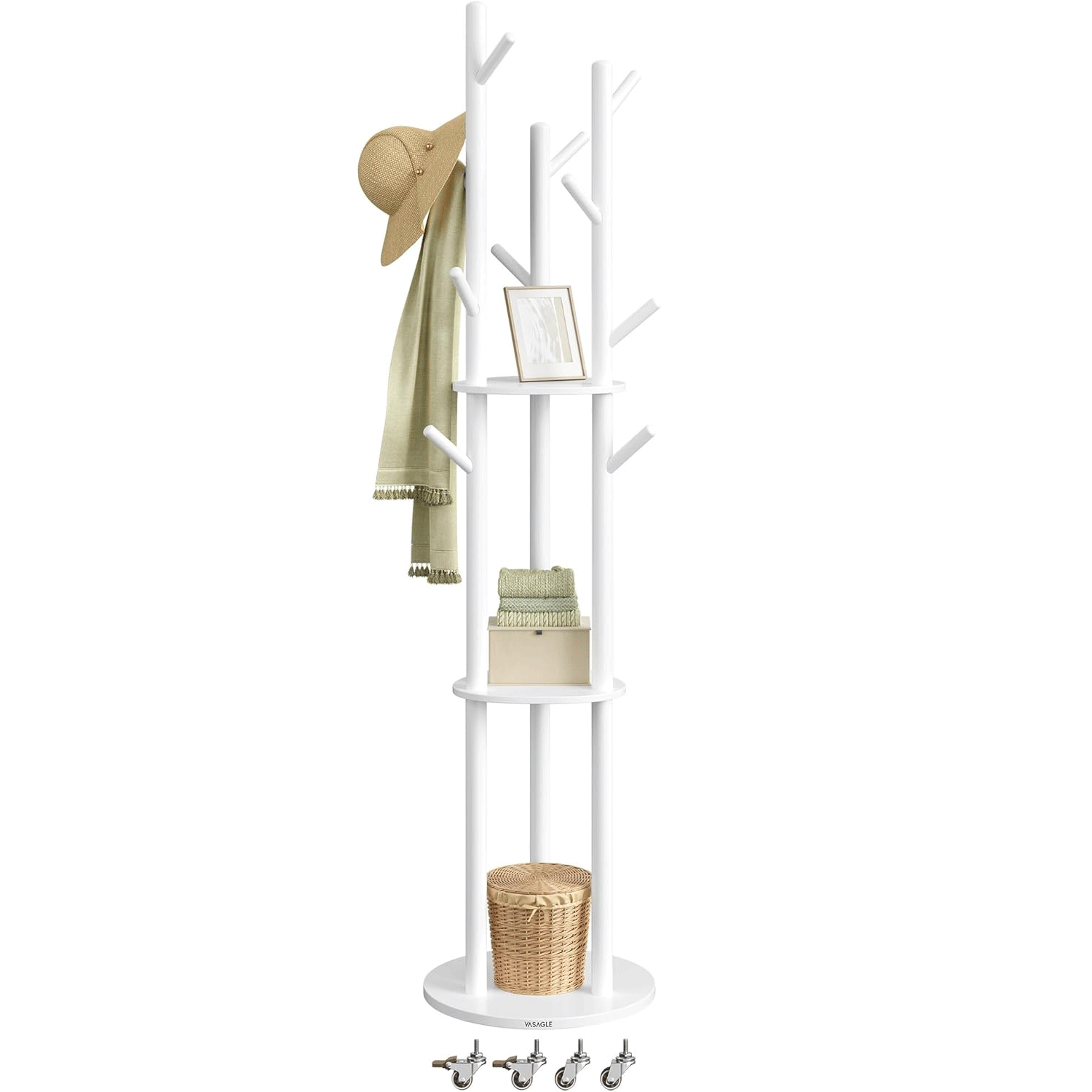 Mobila hol - Cuier din lemn masiv, cu 11 agatatori si 3 rafturi, 4 roti detasabile rotative 360Â°, 40x40x175 cm, alb