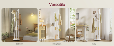 Cuier din lemn masiv, cu 11 agatatori si 3 rafturi, 4 roti detasabile rotative 360Â°, 40x40x175 cm, alb [5]