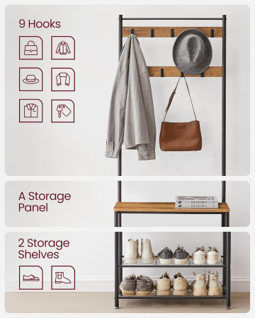 Cuier hol 3 in 1 cu banca si raft pantofi, cadru metalic si PAL, 70x32x177 cm, maro nuc si negru [2]