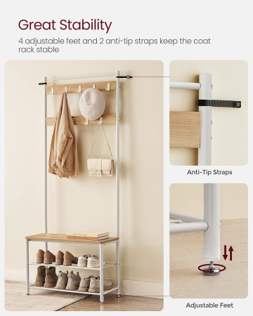 Cuier hol 3 in 1 cu banca si raft pantofi, cadru metalic si PAL, 70x32x177 cm, stejar si crem [1]