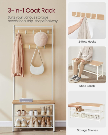 Cuier hol 3 in 1 cu banca si raft pantofi, cadru metalic si PAL, 70x32x177 cm, stejar si crem [8]