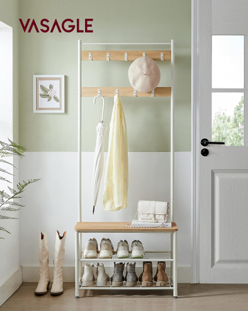 Cuier hol 3 in 1 cu banca si raft pantofi, cadru metalic si PAL, 70x32x177 cm, stejar si crem [5]