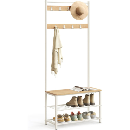 Mobila hol - Cuier hol 3 in 1 cu banca si raft pantofi, cadru metalic si PAL, 70x32x177 cm, stejar si crem