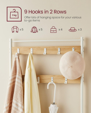 Cuier hol 3 in 1 cu banca si raft pantofi, cadru metalic si PAL, 70x32x177 cm, stejar si crem [2]