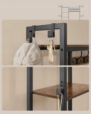 VASAGLE Cuier hol 4 in 1 cu banca, pantofar si rafturi, cadru metalic, stil industrial, 40x120x190 cm, maro rustic [5]
