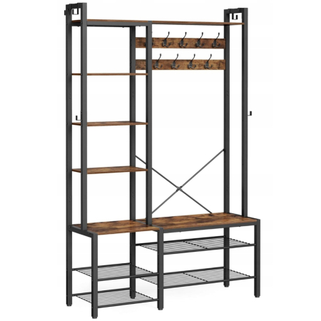 Living & hol - VASAGLE Cuier hol 4 in 1 cu banca, pantofar si rafturi, cadru metalic, stil industrial, 40x120x190 cm, maro rustic