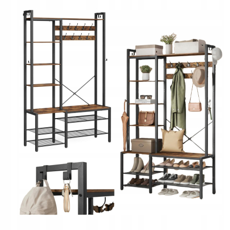 VASAGLE Cuier hol 4 in 1 cu banca, pantofar si rafturi, cadru metalic, stil industrial, 40x120x190 cm, maro rustic [7]