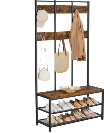 Cuier hol cu 12 carlige si banca pantofi, cadru metalic, stil industrial, 100x40x186 cm, maro rustic [1]