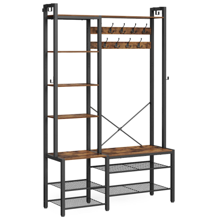 Cuiere - Cuier hol cu banca si raft pantofi, 9 carlige, design industrial, 120x40x190 cm, maro rustic