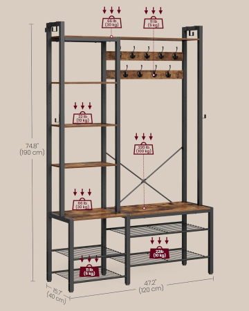 Cuier hol cu banca si raft pantofi, 9 carlige, design industrial, 120x40x190 cm, maro rustic [7]